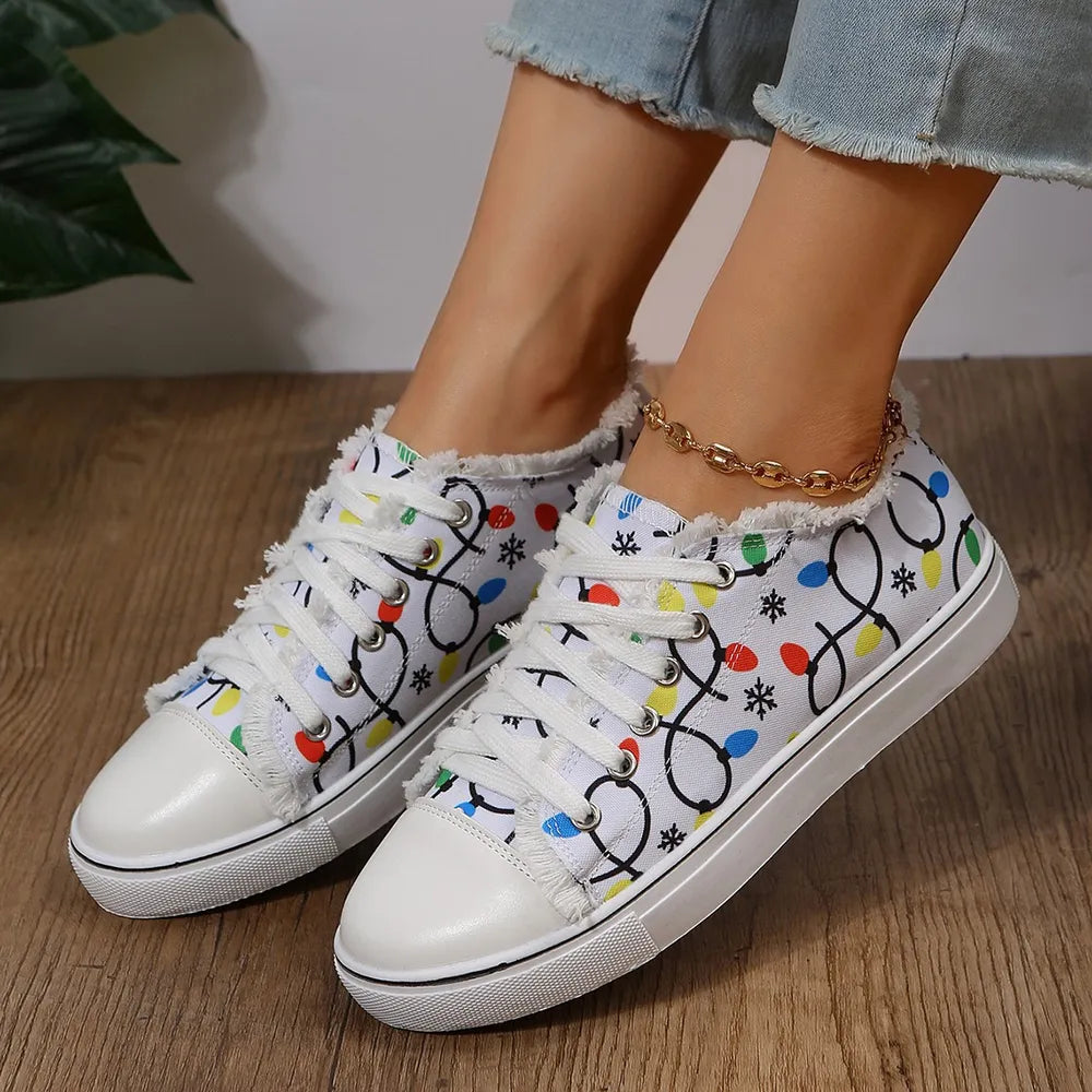 Raw Hem Printed Round Toe Sneakers  Sneakers