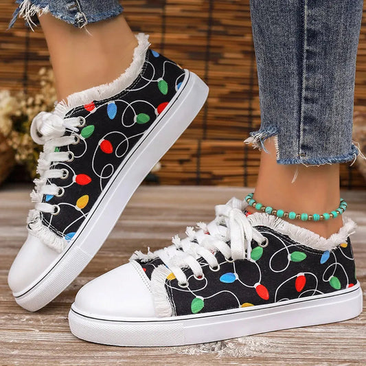 Raw Hem Printed Round Toe Sneakers  Sneakers