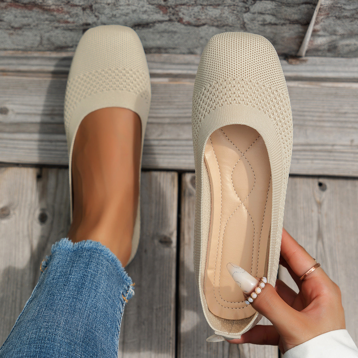 Large Size Flying Woven Women's Shoes Shallow Mouth Mesh Breathable CJ