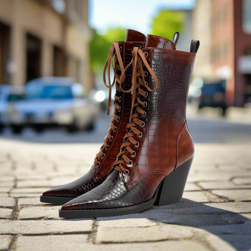 Retro Pointed Stone Pattern Chunky Heel Simple Lace High Heels Fashion Boots  Boots