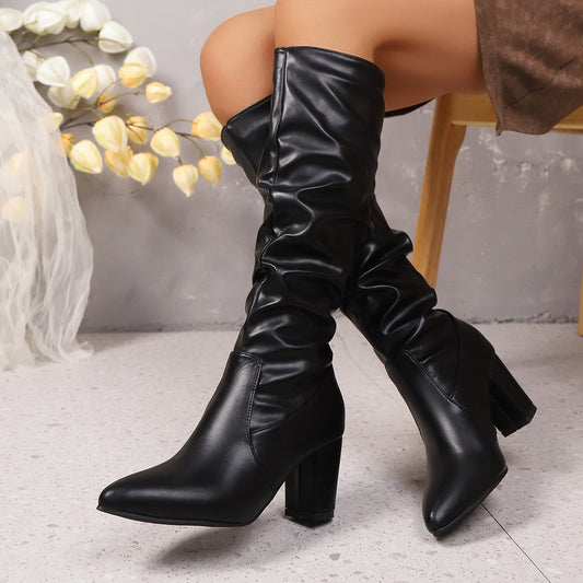 Pointed Pleated Sleeve High Heel Fashion Boots CJ