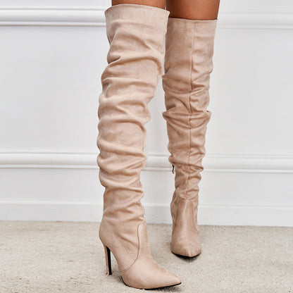 European And American Pointed Toe Suede High Zipper Stiletto Heel Boots CJ