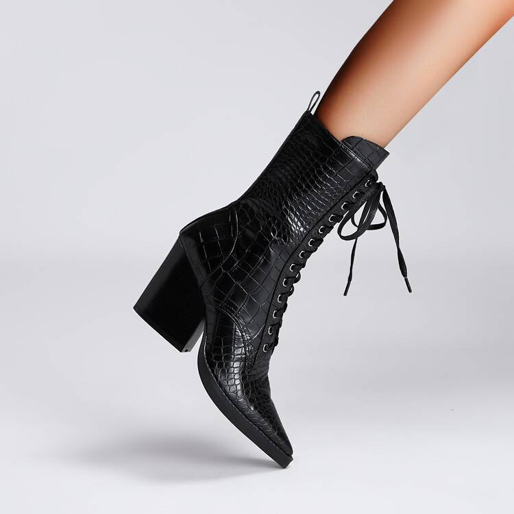 Retro Pointed Stone Pattern Chunky Heel Simple Lace High Heels Fashion Boots  Boots