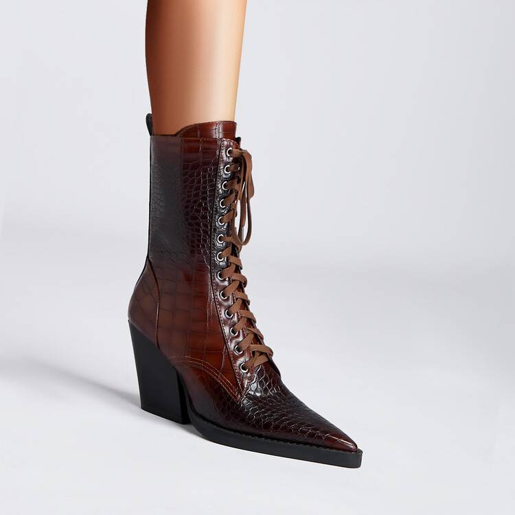 Retro Pointed Stone Pattern Chunky Heel Simple Lace High Heels Fashion Boots  Boots