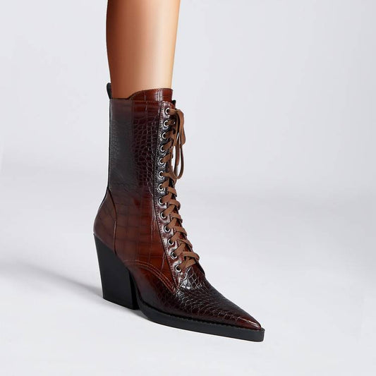 Retro Pointed Stone Pattern Chunky Heel Simple Lace High Heels Fashion Boots  Boots