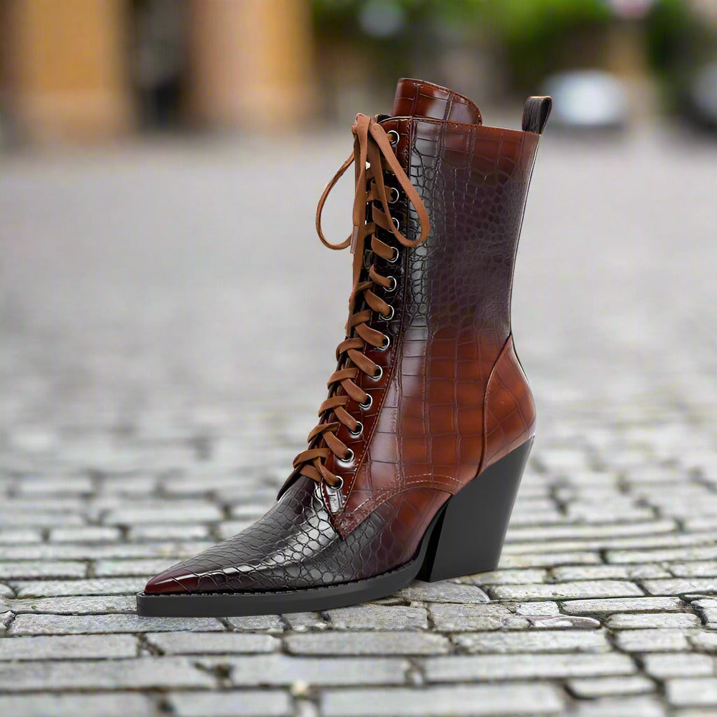 Retro Pointed Stone Pattern Chunky Heel Simple Lace High Heels Fashion Boots  Boots