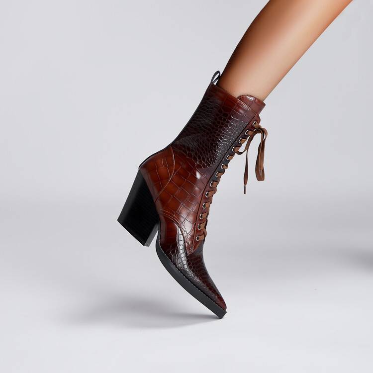 Retro Pointed Stone Pattern Chunky Heel Simple Lace High Heels Fashion Boots  Boots