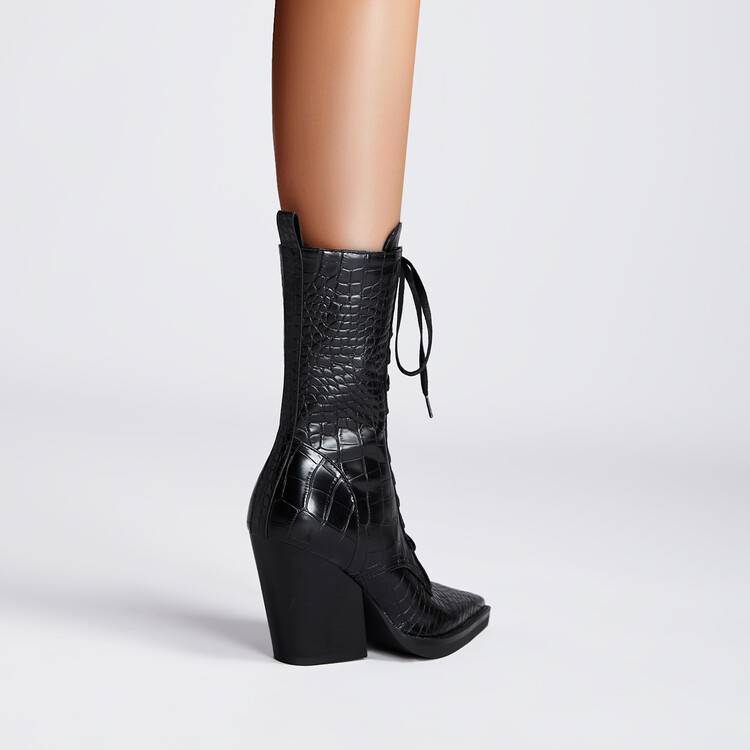 Retro Pointed Stone Pattern Chunky Heel Simple Lace High Heels Fashion Boots  Boots