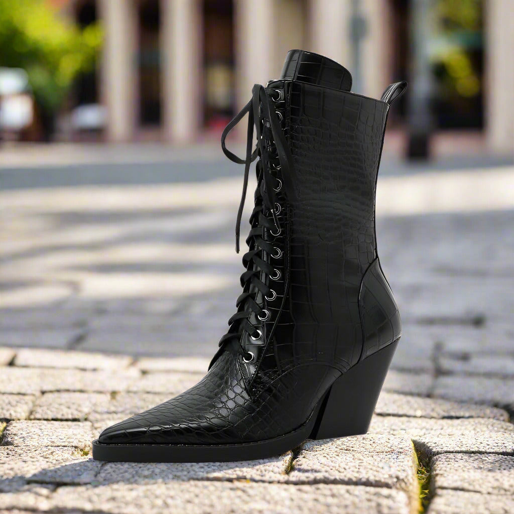 Retro Pointed Stone Pattern Chunky Heel Simple Lace High Heels Fashion Boots  Boots