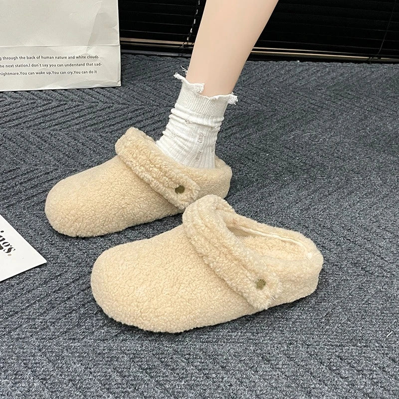 Winter 2025 Cotton Drag Outside Flat Fluffy Slippers 