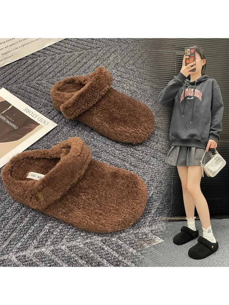 Winter 2025 Cotton Drag Outside Flat Fluffy Slippers 