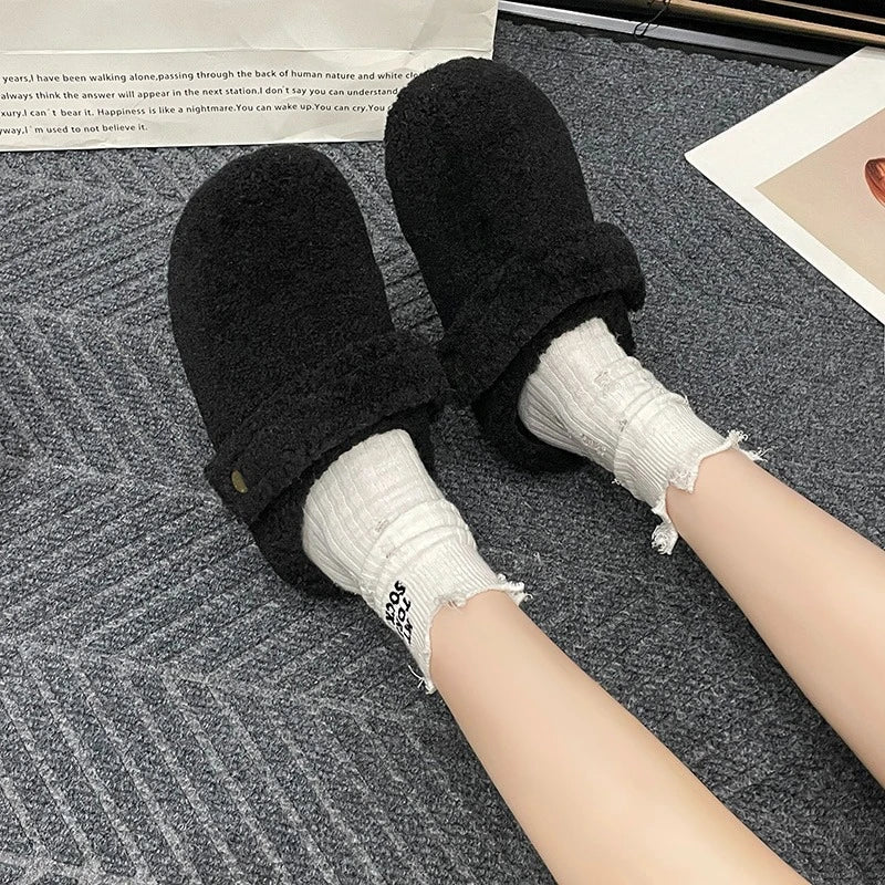 Winter 2025 Cotton Drag Outside Flat Fluffy Slippers 