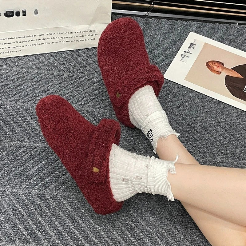 Winter 2025 Cotton Drag Outside Flat Fluffy Slippers 