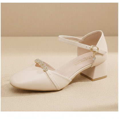 Mid-heel Fairy-style Slingback Soft Leather Square-toe Pumps 