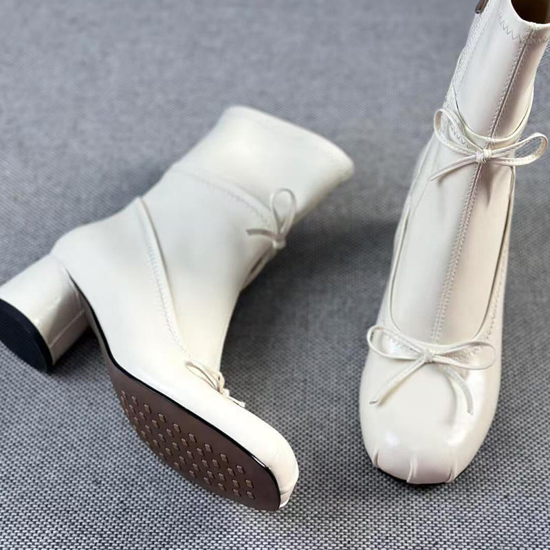 Ballet Style White High-heeled Round Head Thin Booties  Boots