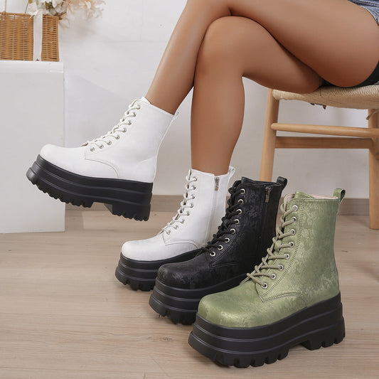 Women's Three-layer Platform Plus Round Toe Patchwork Retro Cool Martin Boots  Boots