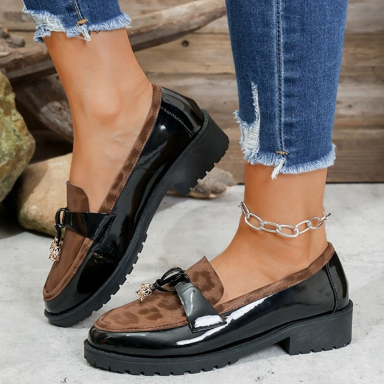 New 2025 Autumn Winter Korean Style Mid-Heel Retro Leopard Print Buckle Loafers, Lightweight Height-Increasing Non-Slip Casual Shoes 