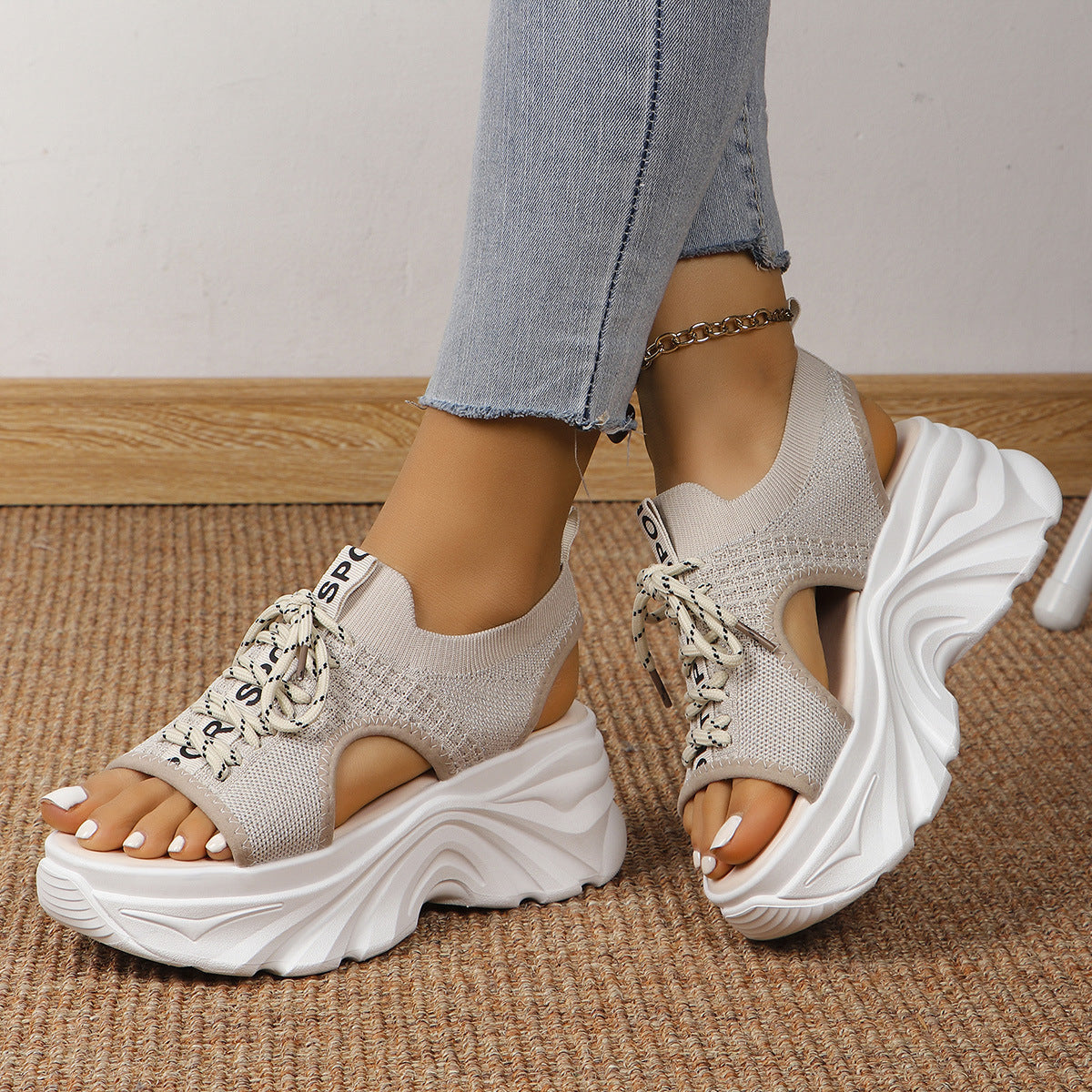 Women's Shoes Fashion Hollowed-out Mid Heel Mesh Sports Platform Sandals  casual slippers