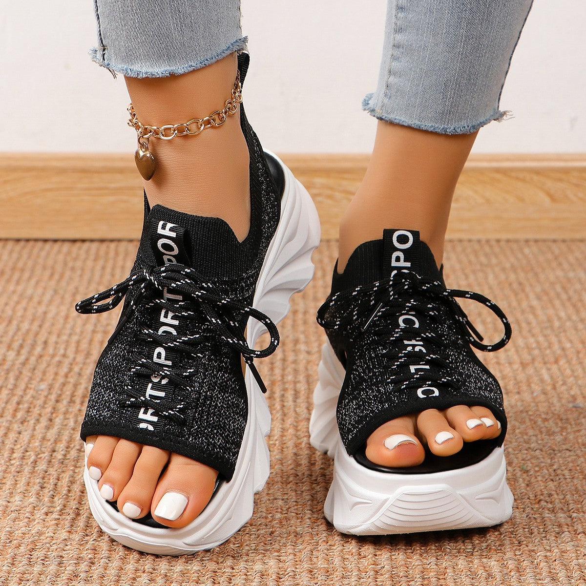 Women's Shoes Fashion Hollowed-out Mid Heel Mesh Sports Platform Sandals  casual slippers