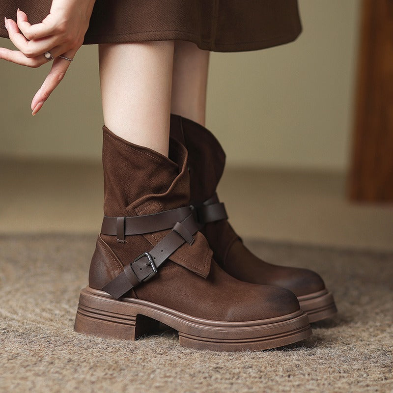 Brown Retro British Style Ankle Boots Autumn Winter 
