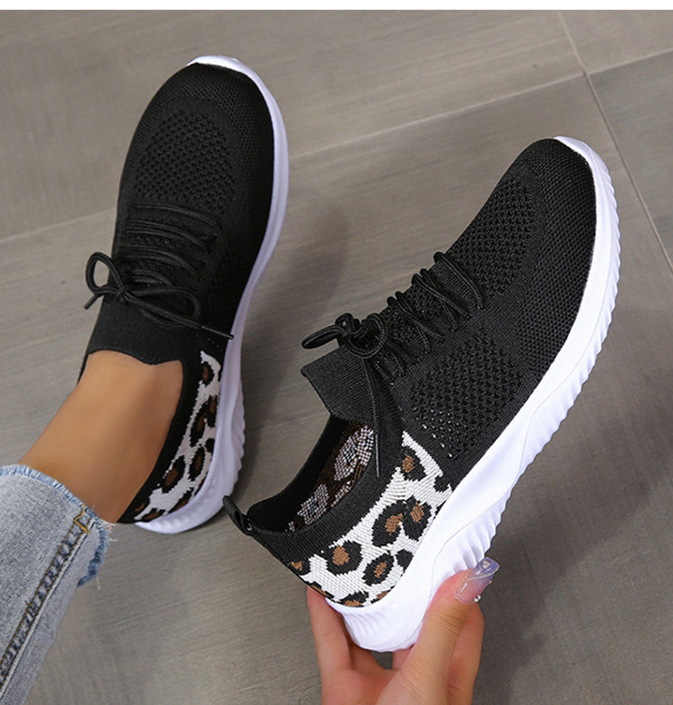 White Shoes Women Leopard Print Lace-up Sneakers Sports  Sneakers