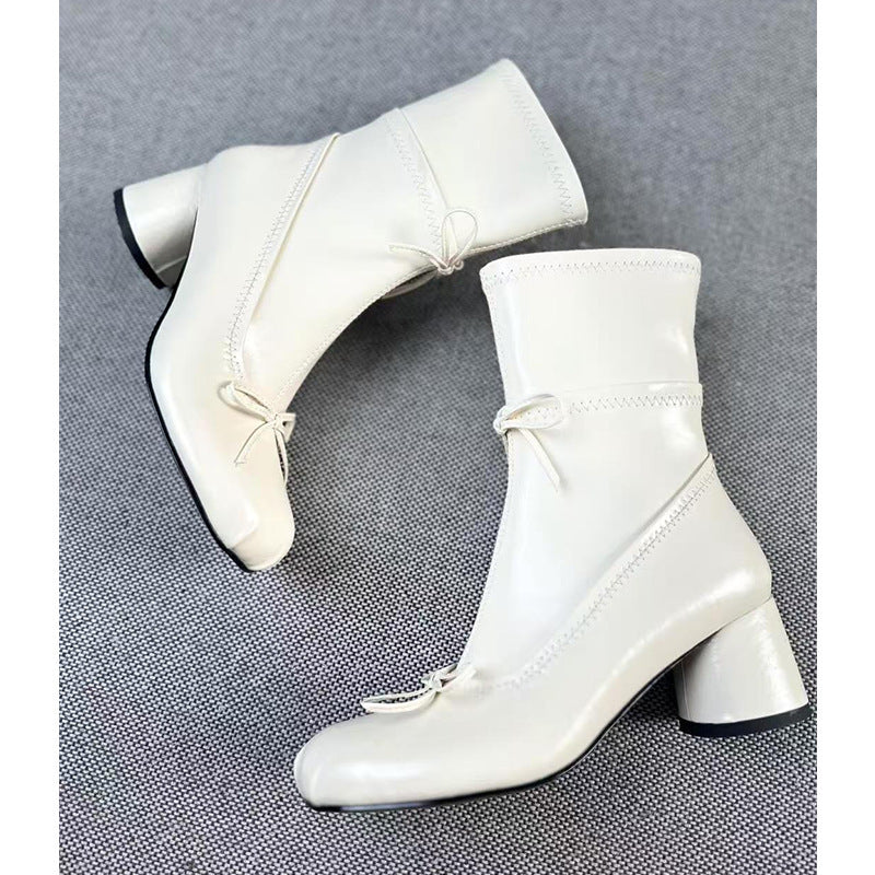 Ballet Style White High-heeled Round Head Thin Booties  Boots