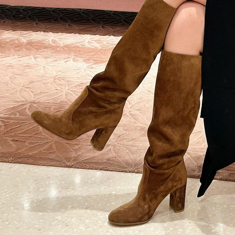 Suede Pleated High Heel Thick Heel Pointed Sleeve Boots 