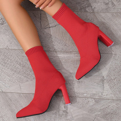 New Winter Fashion Minimalist Chunky-heeled Knitted Suede Ankle Boots With Pointed Toes For Women 