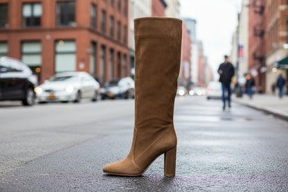 Suede Pleated High Heel Thick Heel Pointed Sleeve Boots 