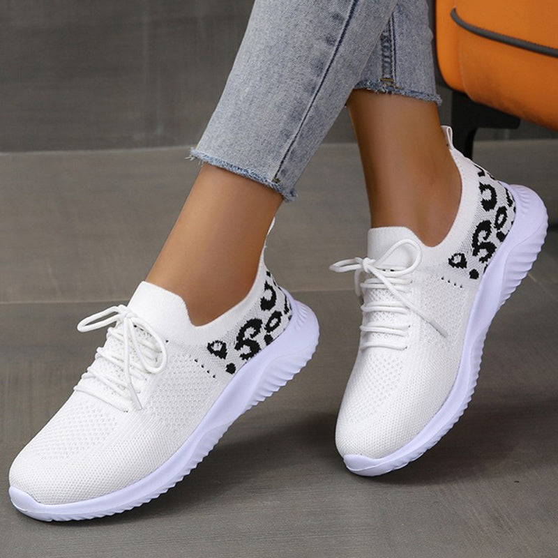 White Shoes Women Leopard Print Lace-up Sneakers Sports  Sneakers