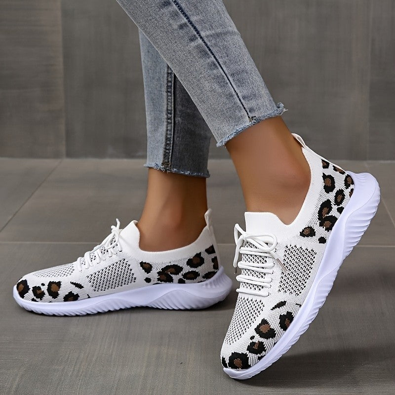 White Shoes Women Leopard Print Lace-up Sneakers Sports  Sneakers