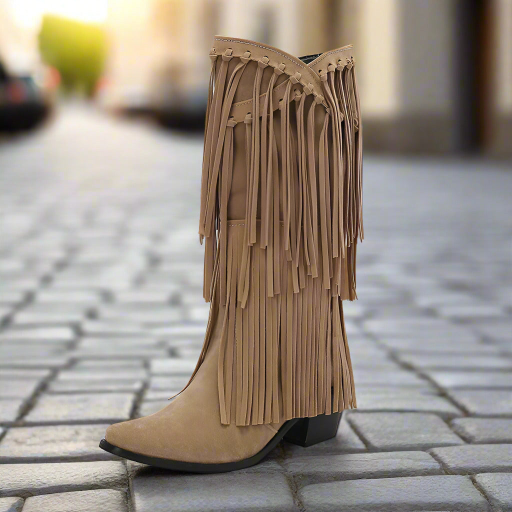 Women's High Boots Autumn And Winter Suede High Heel Tassel Boots Below The Knee  Boots