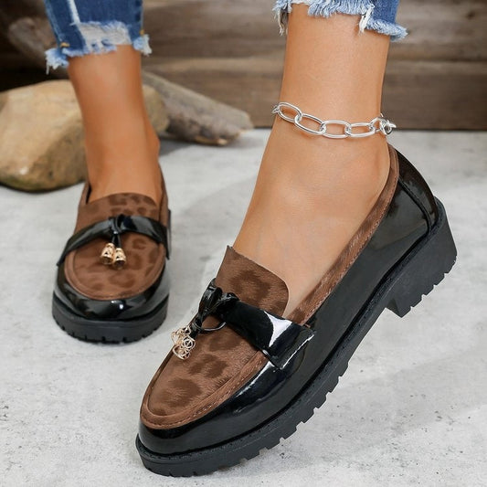 New 2025 Autumn Winter Korean Style Mid-Heel Retro Leopard Print Buckle Loafers, Lightweight Height-Increasing Non-Slip Casual Shoes 