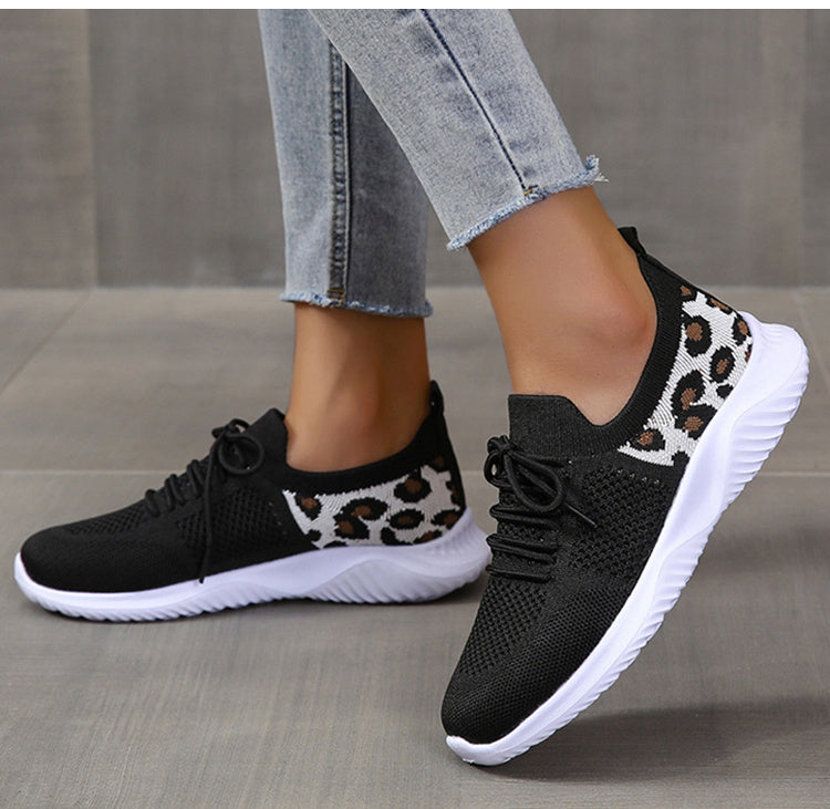 White Shoes Women Leopard Print Lace-up Sneakers Sports  Sneakers