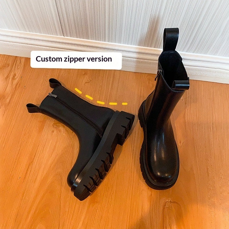 Mid-calf Thick-soled Women's Leather Boots In British Style 