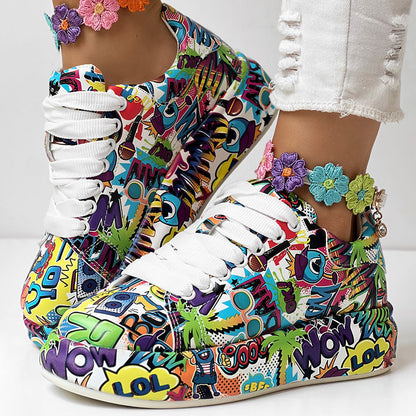 Women's Casual Round Toe Thick Sole Lace-Up Sneakers, Random Print Design, Comfortable Sporty Shoes For Daily Wear CJ US