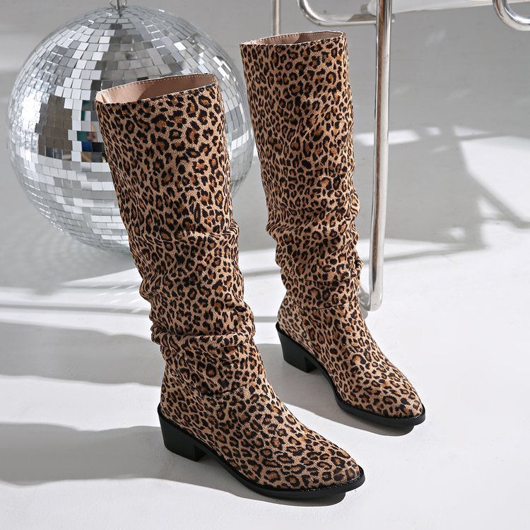 Fashion Square Toe Chunky Heel High Heel Leopard Print Boots  Boots