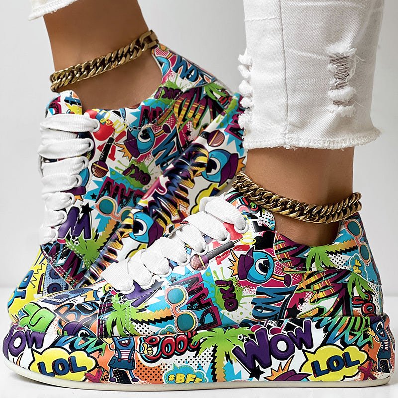 Women's Casual Round Toe Thick Sole Lace-Up Sneakers, Random Print Design, Comfortable Sporty Shoes For Daily Wear CJ US
