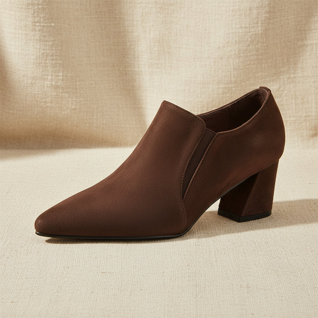 Suede-textured Deep-toe Pointed-toe Chunky-heel Shoes 