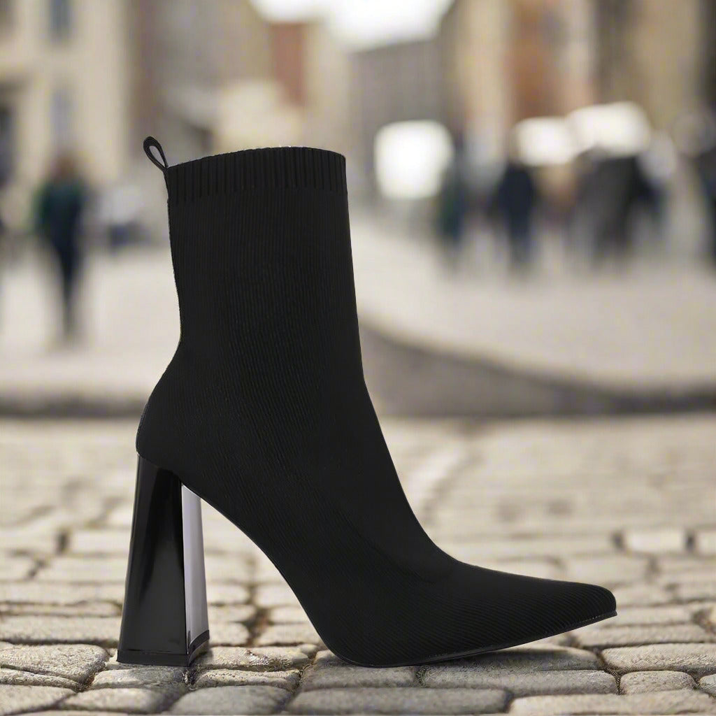 Brown Yellow Geometric High Heel Chunky Heel Retro Ankle Boots Elastic Socks Boots Women  Boots