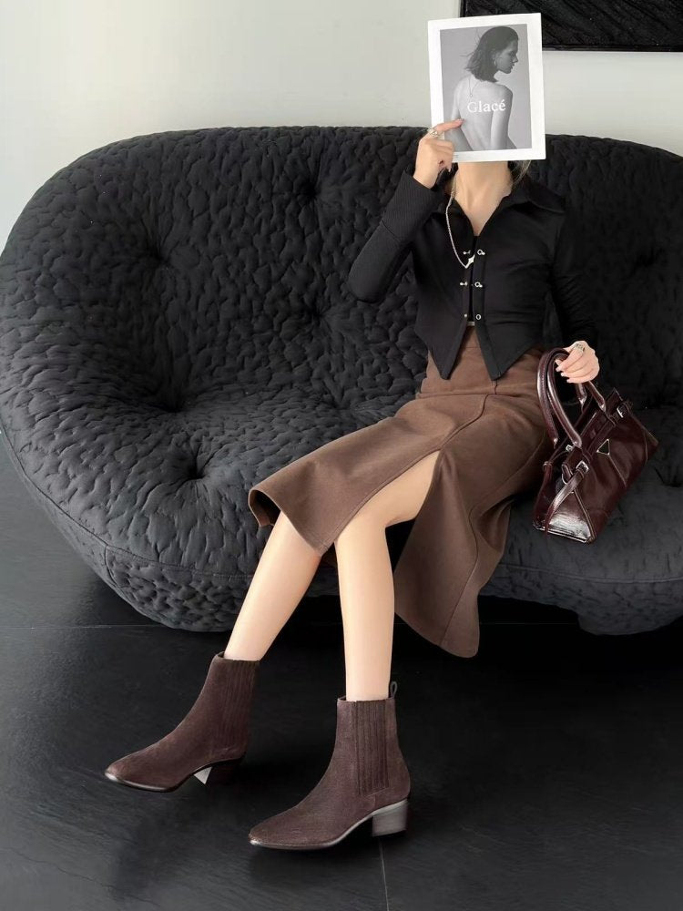 Mid-heel Chunky-heel Retro Square-toe Matte Leather Womens Boots 