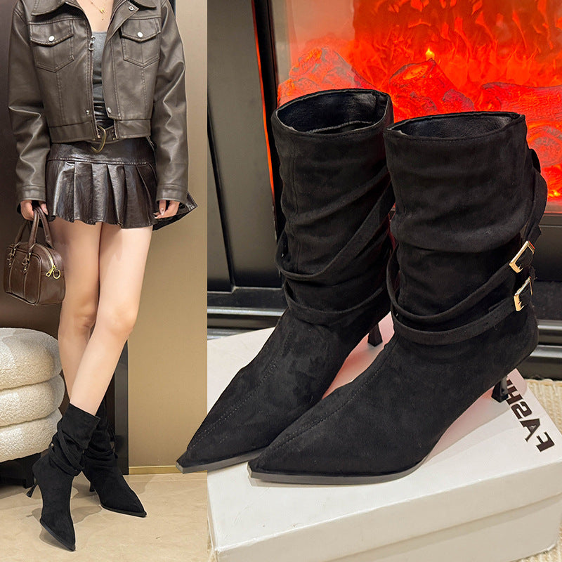 Pointed-Toe Suede Stiletto Ankle Boots Women