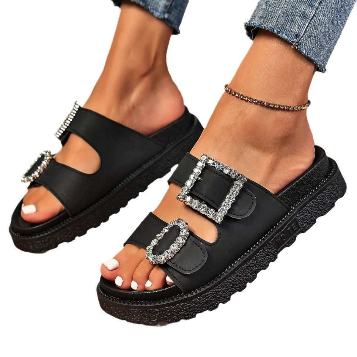 Fashion Rhinestone Belt Buckle Platform Sandals  casual slippers
