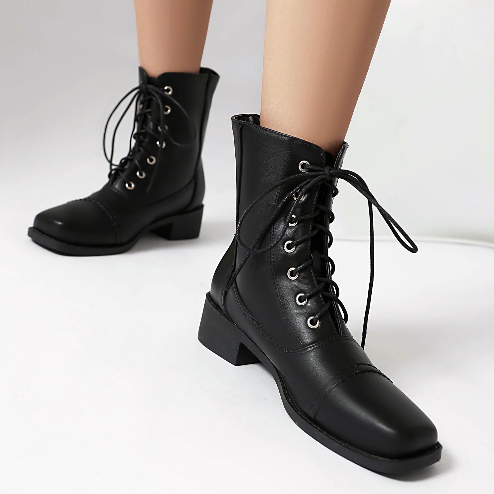 Womens Comfortable Lace-Up Square-Toe Outdoor Motorcycle Boots 