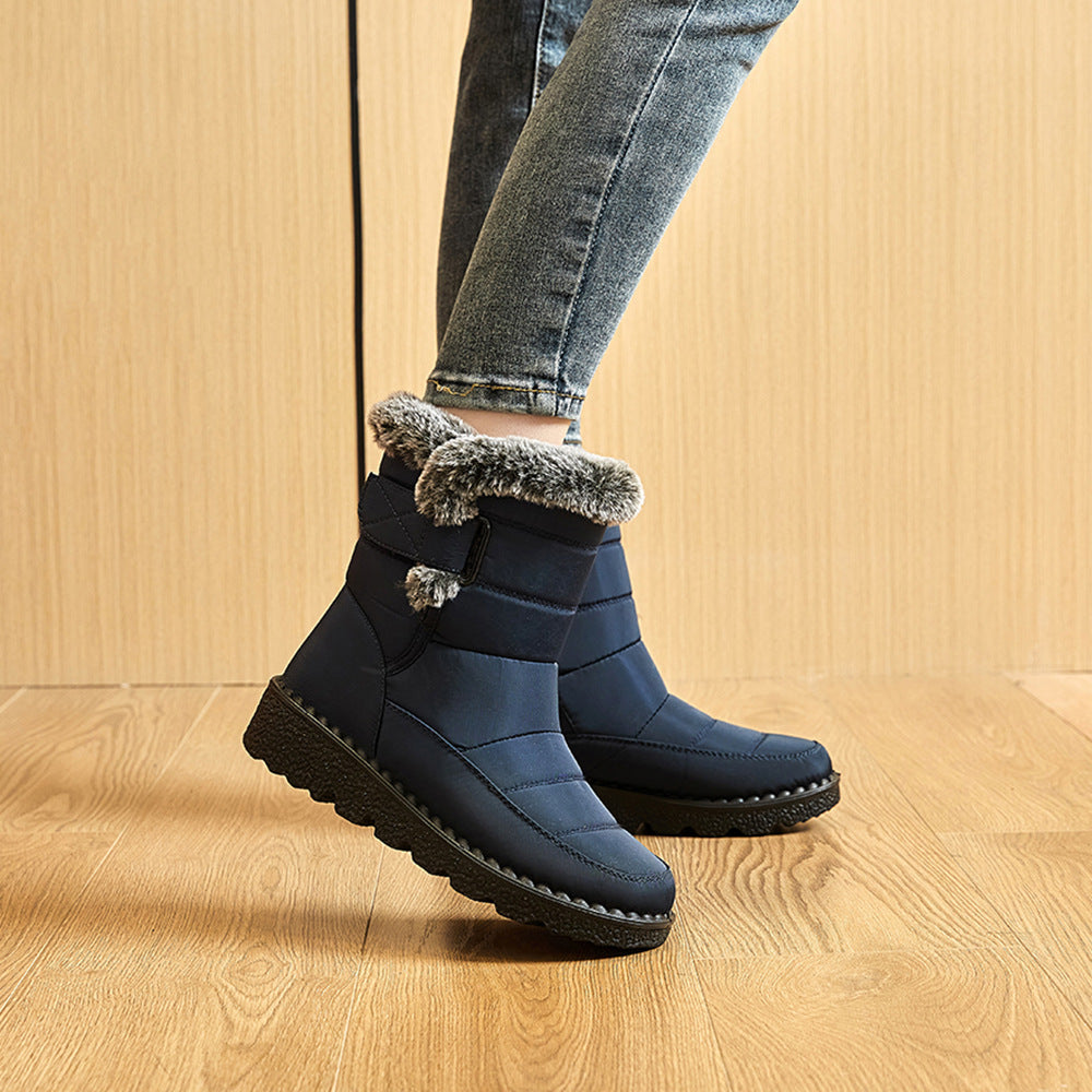 Snow Boots Winter Warm Hook And Loop Fastener Plush Shoes Women Waterproof Low Heels Platform Ankle Boots 