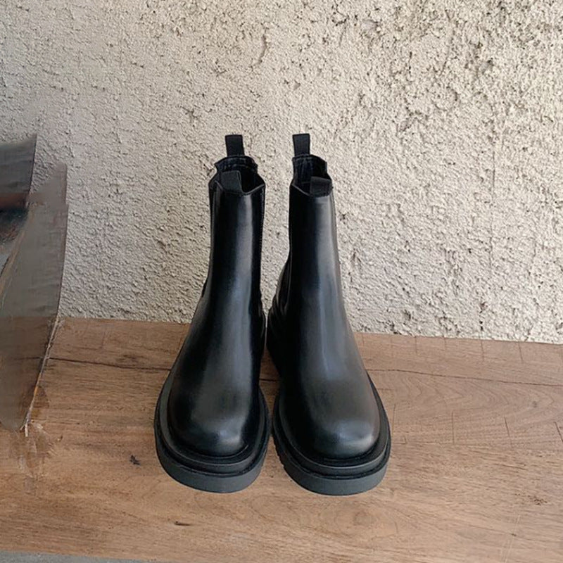 Mid-calf Thick-soled Women's Leather Boots In British Style 