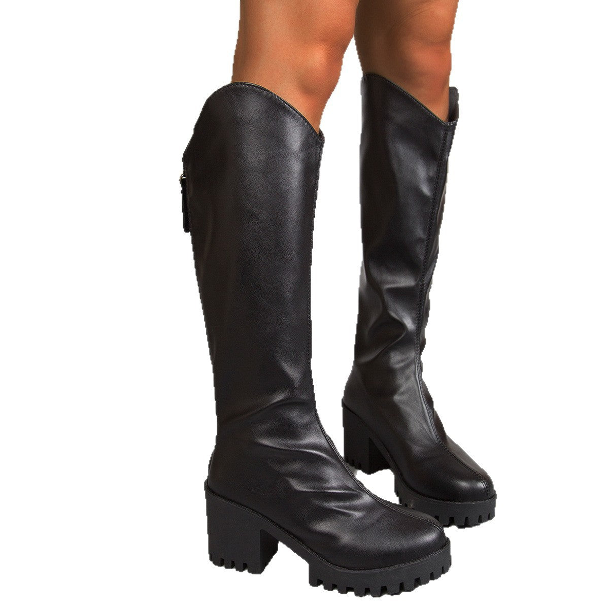 Thick High-heel Knee-high Boots V-neck Black Boots 