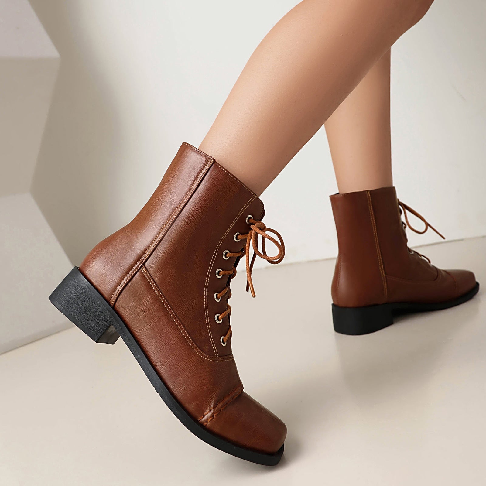 Womens Comfortable Lace-Up Square-Toe Outdoor Motorcycle Boots 