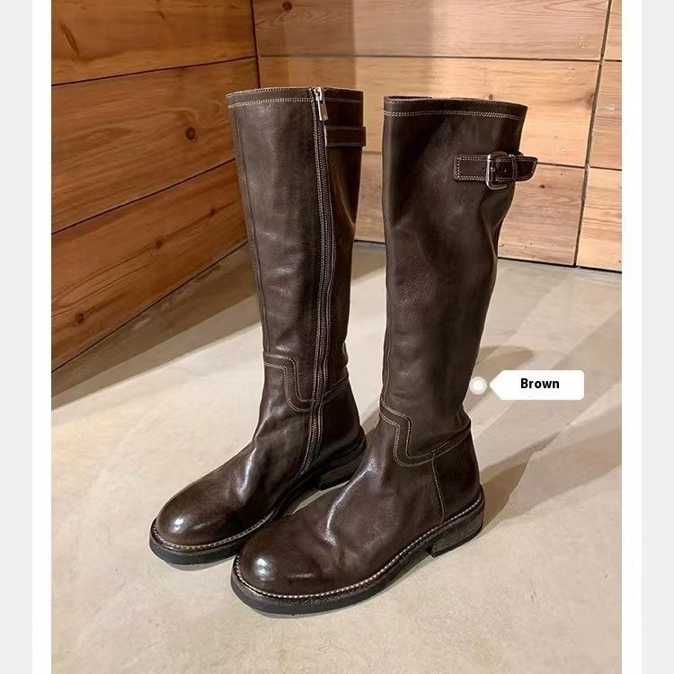 Washed Horse Leather Belt Buckle Thick Bottom Thigh High Boots Women  Boots