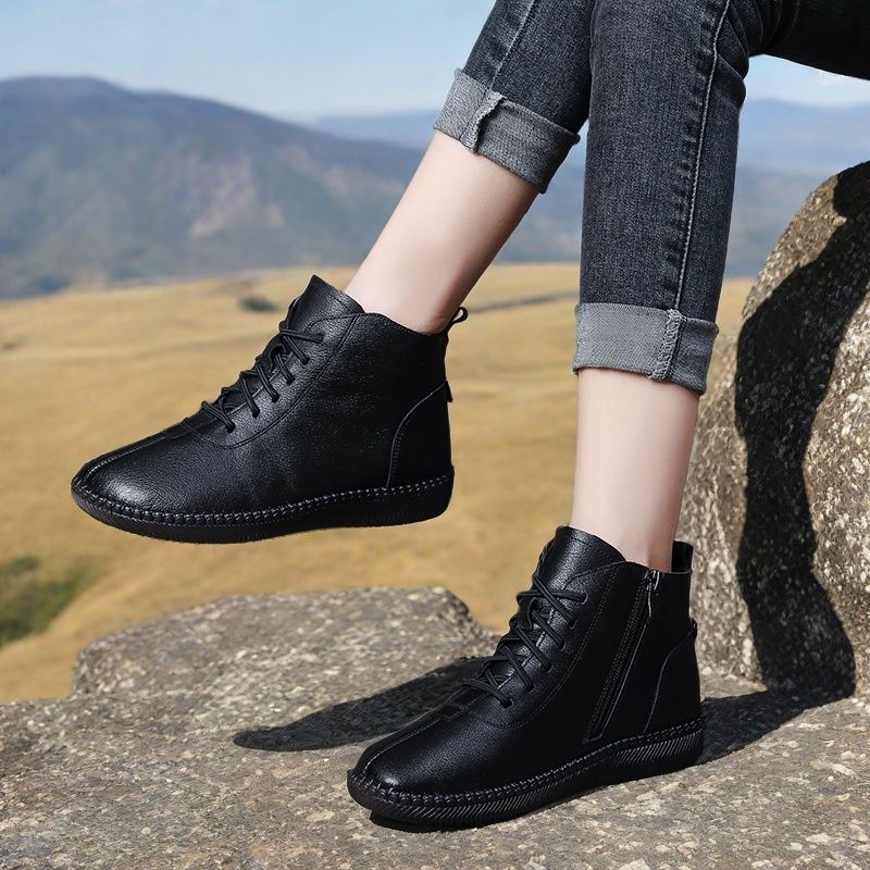 Women's Genuine Leather Soft-soled Lightweight Flat Ankle Boots 